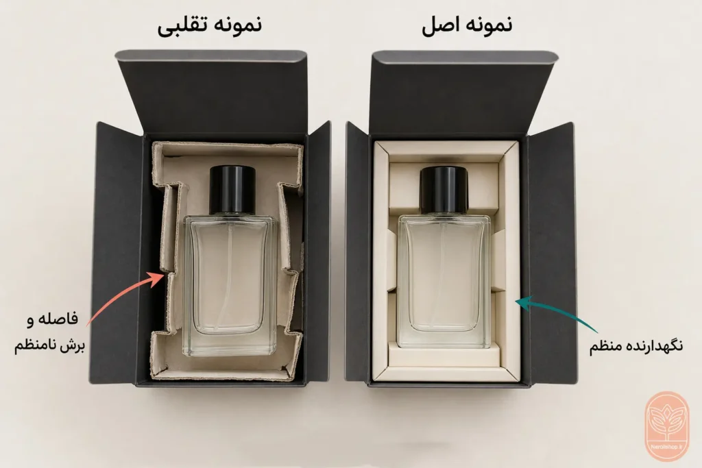 تشخیص عطر اصل از تقلبی 2 تصویر بازشده جعبه اصل و تقلبی